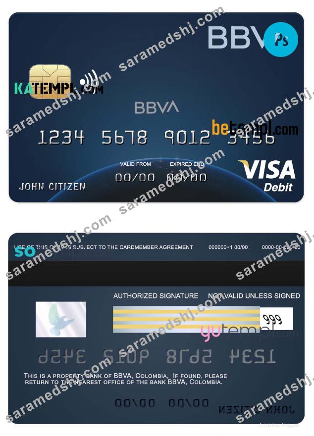 Colombia BBVA bank visa debit card template in PSD format, fully editable